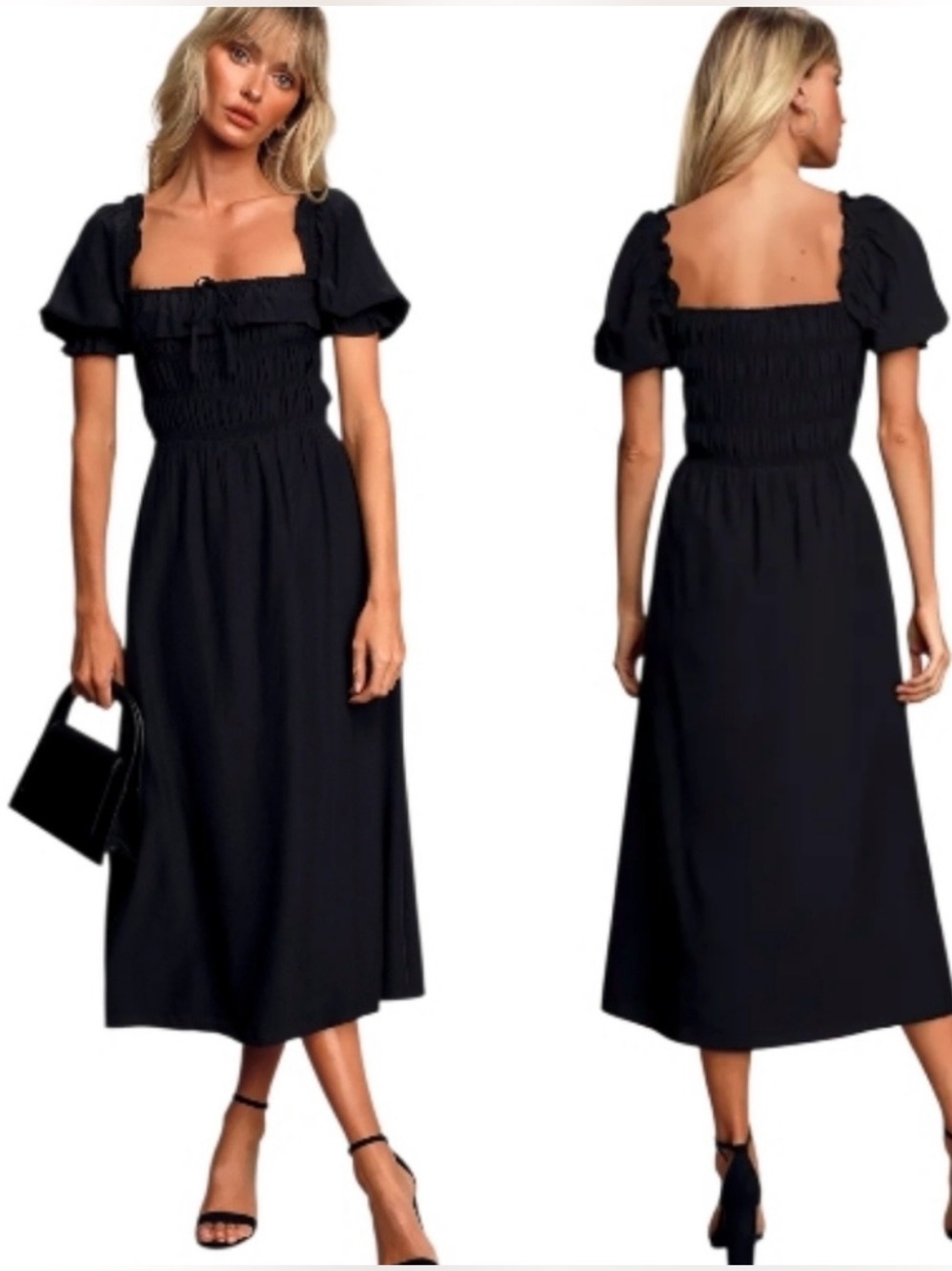 LULUS Nahanni Black Puff Sleeve Smocked Midi Dress - Size M